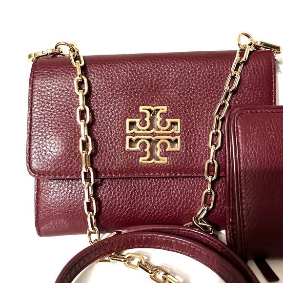 Tory Burch Authentic Goldtone Chain Slingbag & Wristlet/CP case Leather Burgundy - Picture 4 of 16